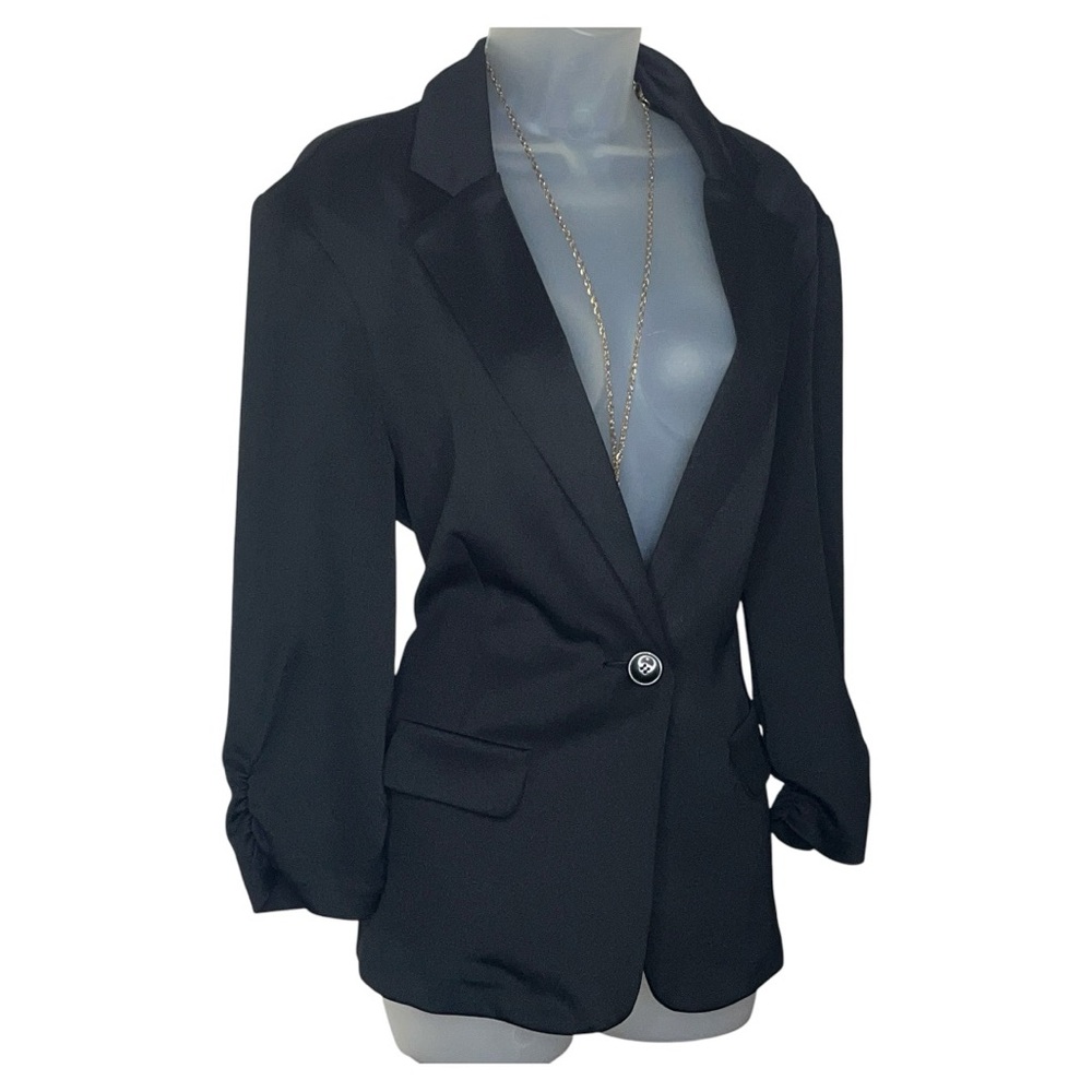 SOHO Apparel Black Satin Single Button Ruched Sleeve Blazer Suit Work Office L